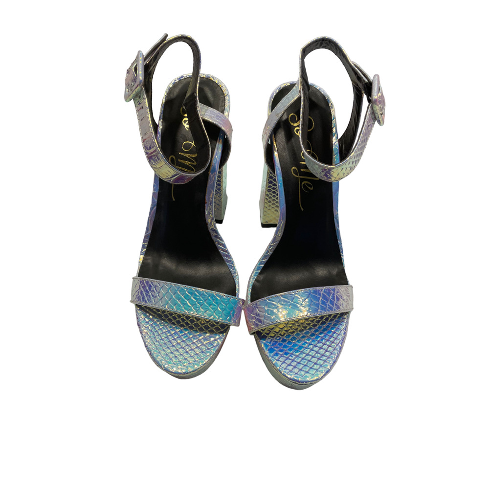 So Me Lucky Ankle‎ Strap Platform Heeled Sandals 8 Iridescent Snakeskin Print